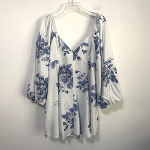 Free People Francesca Mini Dress XS/S White Blue Floral Boho Party‎ Summer Smock